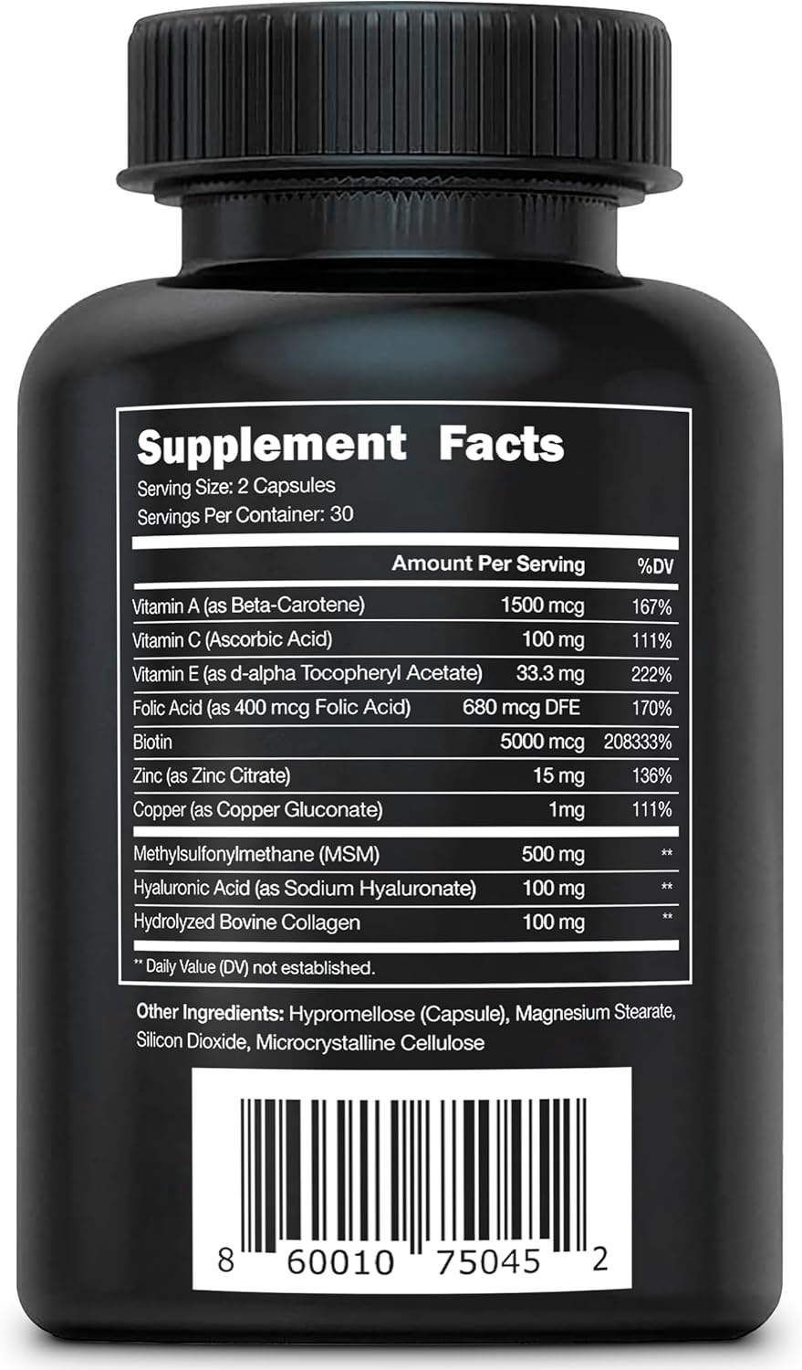 Vital Vitamins Biotin Complex Pills - with Hyaluronic Acid, MSM, Collagen, & Vitamin C - Supplement for Hair, Skin, & Nails - 60 Capsules