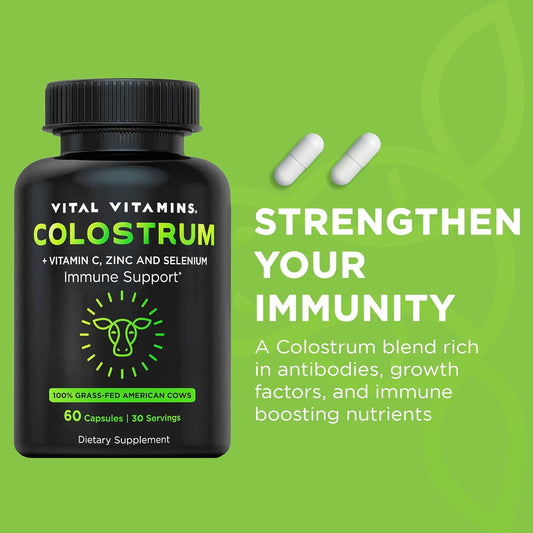 Vital Vitamins Colostrum Supplement - Vitamin C, Zinc, & Selenium - from First Milking - Standardized to Contain 10% IgG Immunoglobulins - Grass-Fed American Cows - 60 Capsules