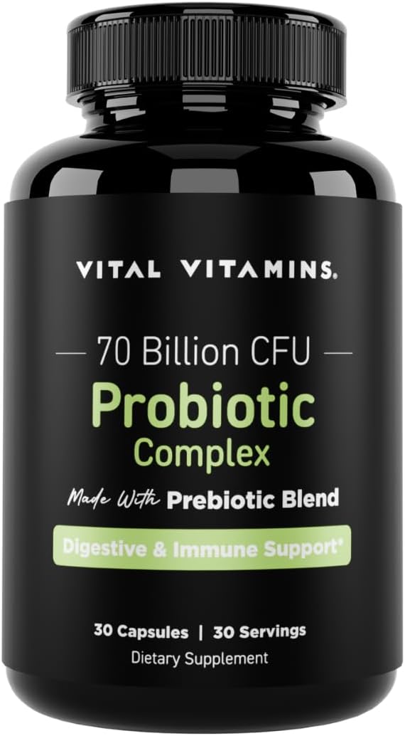Vital Vitamins Probiotic Complex for Men & Women - 70 Billion CFU - Made with Prebiotic Blend - Digestive, Gut Health, & Immune Support - Powerful Blend of 10 Strains - 30 Capsules