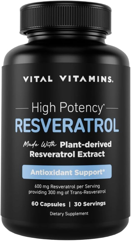 Vital Vitamins Resveratrol Supplement - Antioxidant Support, Cellular Longevity, Cognitive Function - 60 Capsules