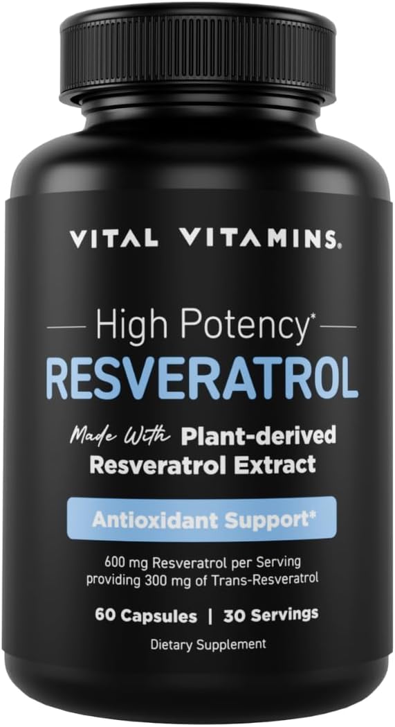 Vital Vitamins Resveratrol Supplement - Antioxidant Support, Cellular Longevity, Cognitive Function - 60 Capsules