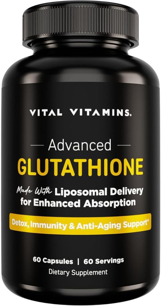 Vital Vitamins Glutathione Supplement - 500mg L-Glutathione per Serving - Made with Liposomal Delivery for Max Absorption - Detox, Immunity, Anti-Aging Support - Non-GMO - 60-Day Supply, 60 Capsules