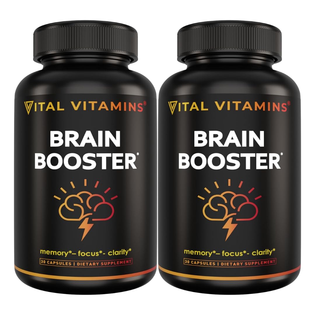 Vital Vitamins Brain Supplements with Bacopa Monnieri - for Memory and Focus – Nootropic Brain Booster - Caffeine-Free Support for Adults & Seniors – Non-GMO, 30-Day Supply, 30 Capsules