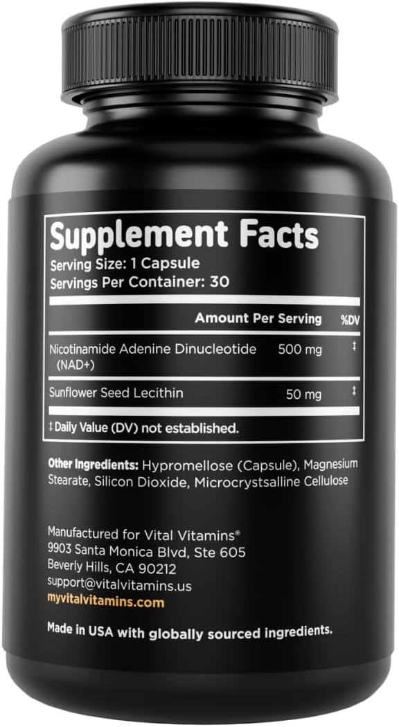 Vital Vitamins NAD Supplement - NAD+ (Nicotinamide Adenine Dinucleotide) for Men & Women - Made with Liposomal Delivery - Cellular Anti-Aging Support, Energy, Focus - 30-Day Supply