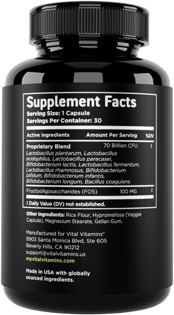 Vital Vitamins Probiotic Complex for Men & Women - 70 Billion CFU - Made with Prebiotic Blend - Digestive, Gut Health, & Immune Support - Powerful Blend of 10 Strains - 30 Capsules
