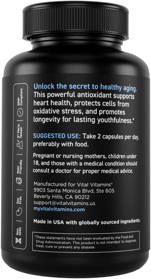 Vital Vitamins Resveratrol Supplement - Antioxidant Support, Cellular Longevity, Cognitive Function - 60 Capsules