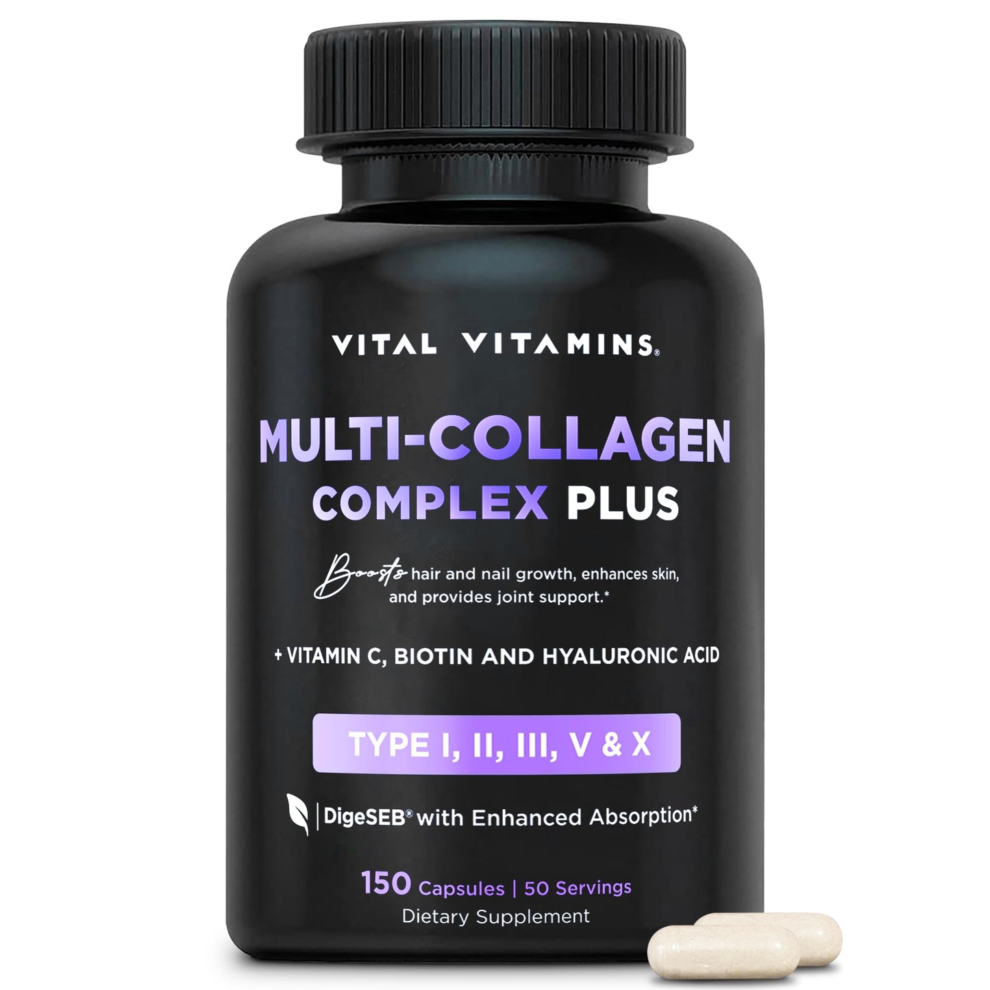 Vital Vitamins Multi Collagen for Women & Men - Type I, II, III, V, X - Grass Fed, Non-GMO - 150 Capsules