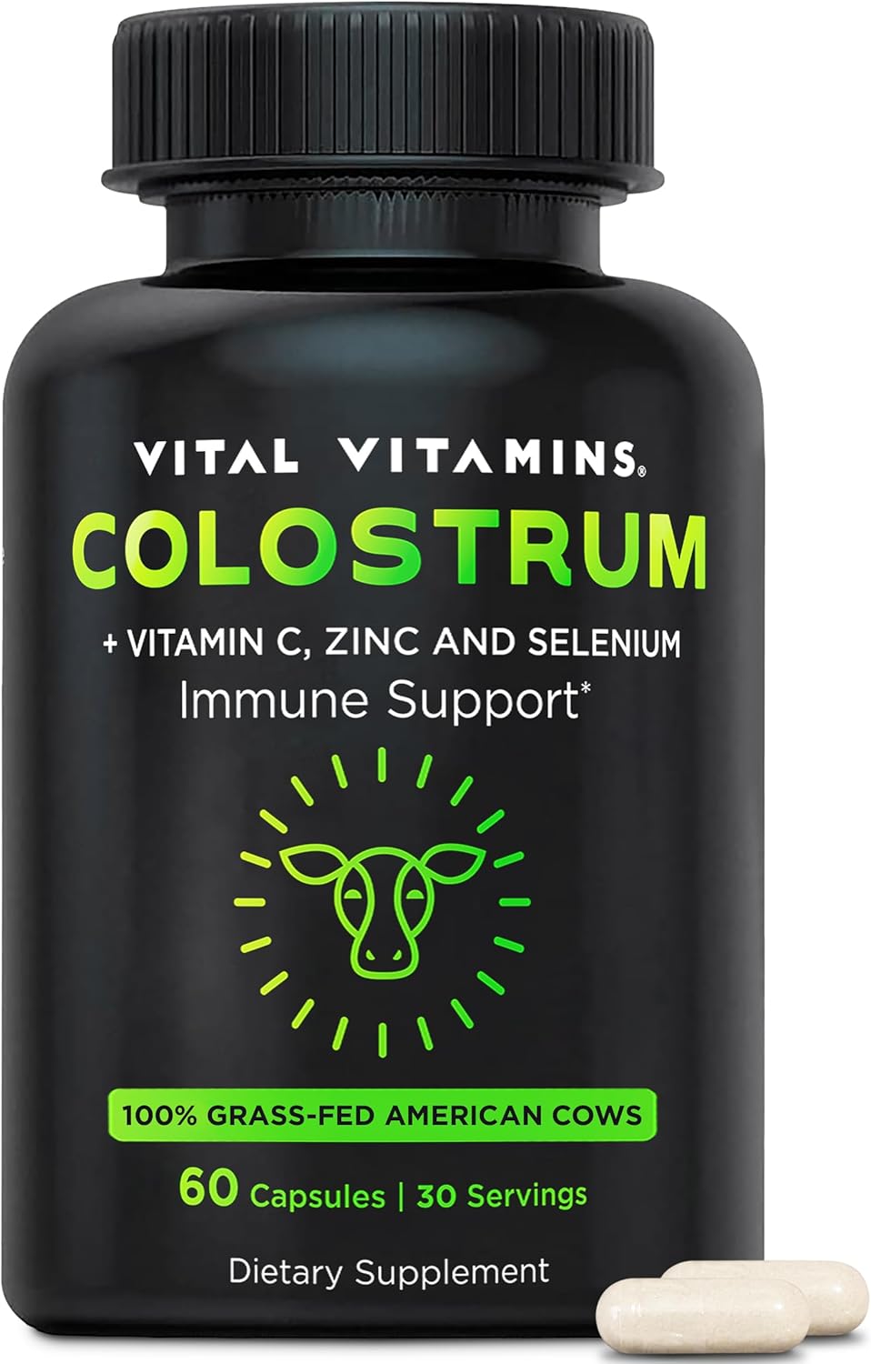 Vital Vitamins Colostrum Supplement - Vitamin C, Zinc, & Selenium - from First Milking - Standardized to Contain 10% IgG Immunoglobulins - Grass-Fed American Cows - 60 Capsules