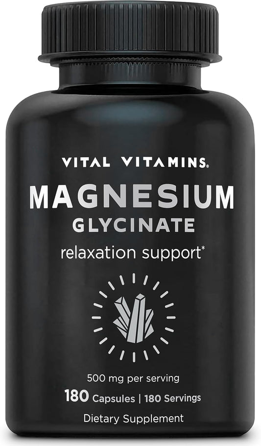 Vital Vitamins Magnesium Glycinate 500mg - High Absorption Formula - Promotes Relaxation, Calmness, & Restful Sleep - Pure Magnesium Supplement for Men & Women - 180 Capsules, Vegan, Non-GMO