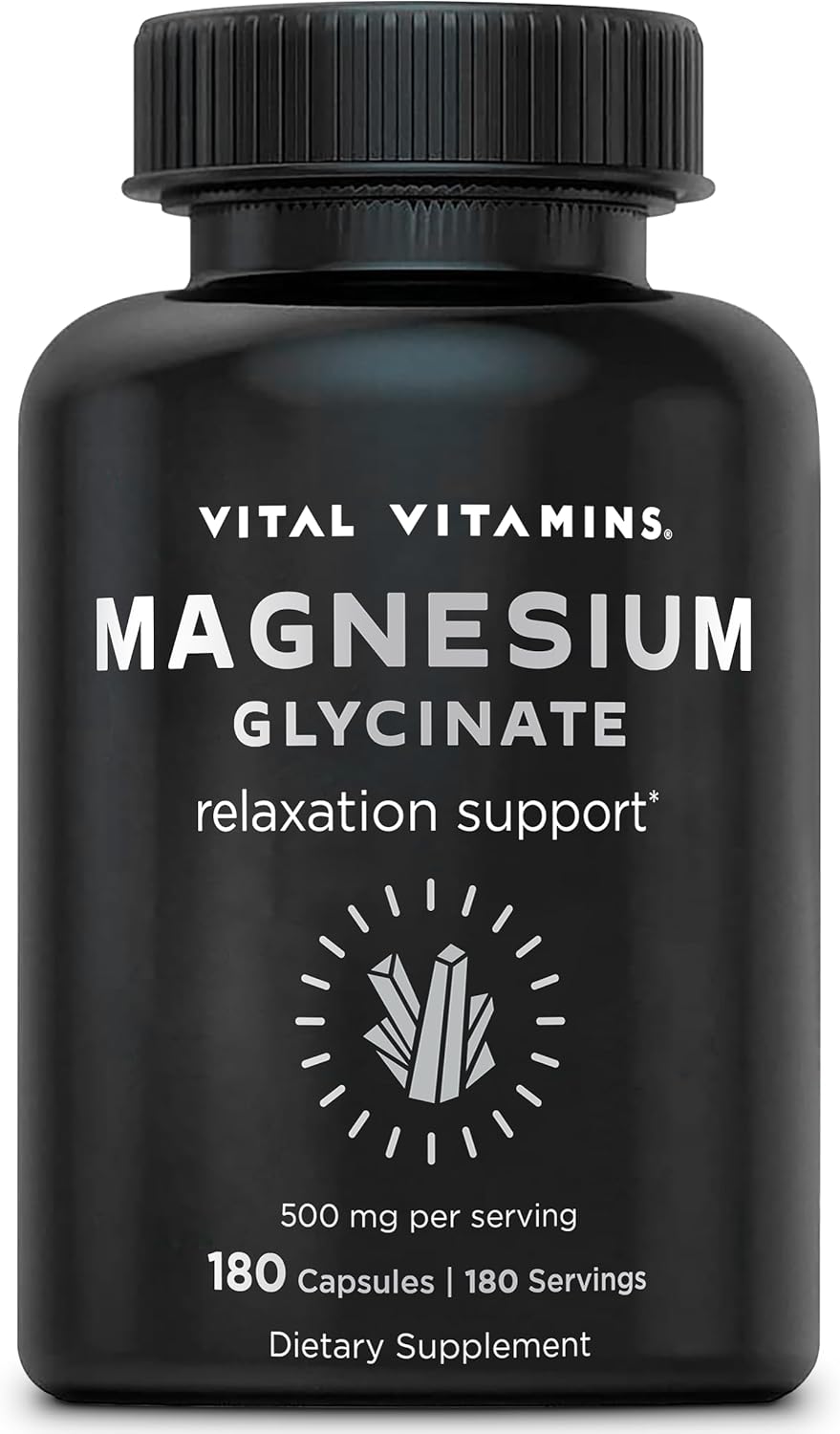 Vital Vitamins Magnesium Glycinate 500mg - High Absorption Formula - Promotes Relaxation, Calmness, & Restful Sleep - Pure Magnesium Supplement for Men & Women - 180 Capsules, Vegan, Non-GMO