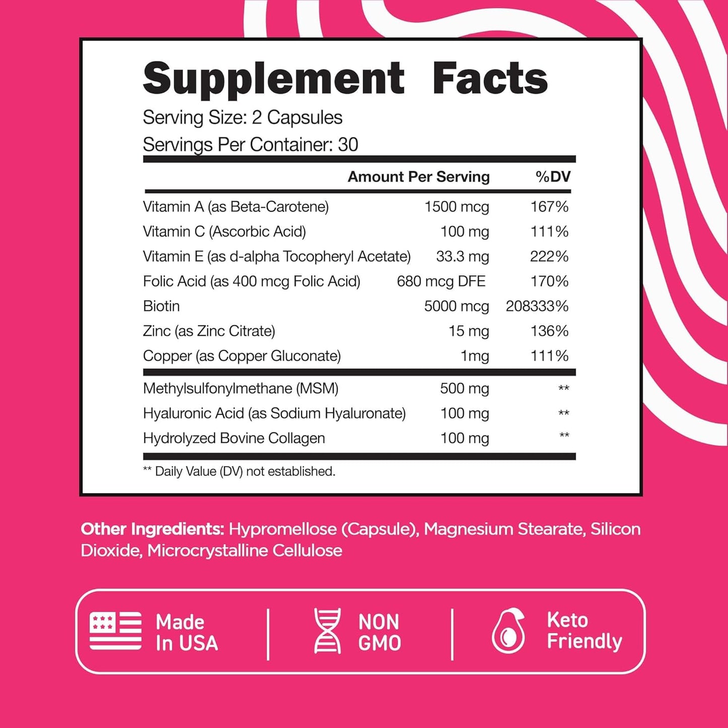 Vital Vitamins Biotin Complex Pills - with Hyaluronic Acid, MSM, Collagen, & Vitamin C - Supplement for Hair, Skin, & Nails - 60 Capsules