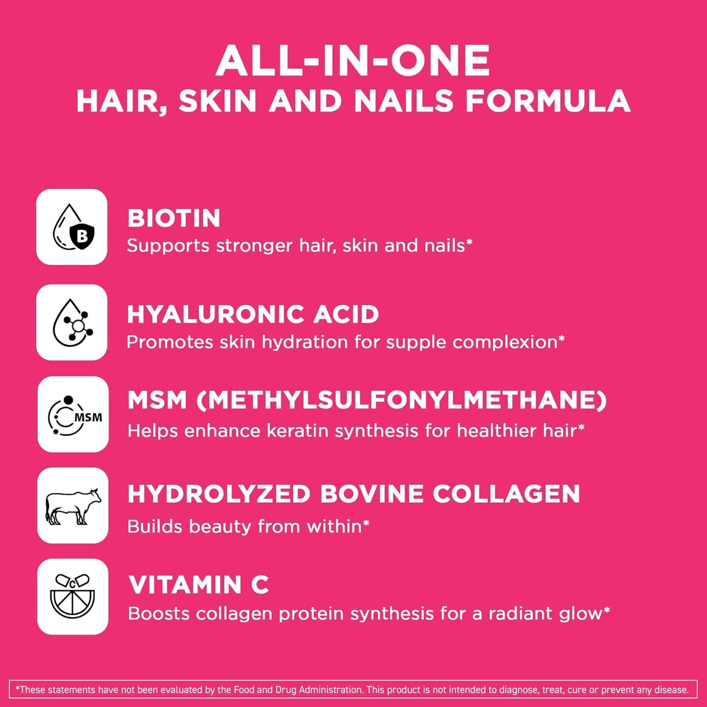 Vital Vitamins Biotin Complex Pills - with Hyaluronic Acid, MSM, Collagen, & Vitamin C - Supplement for Hair, Skin, & Nails - 60 Capsules