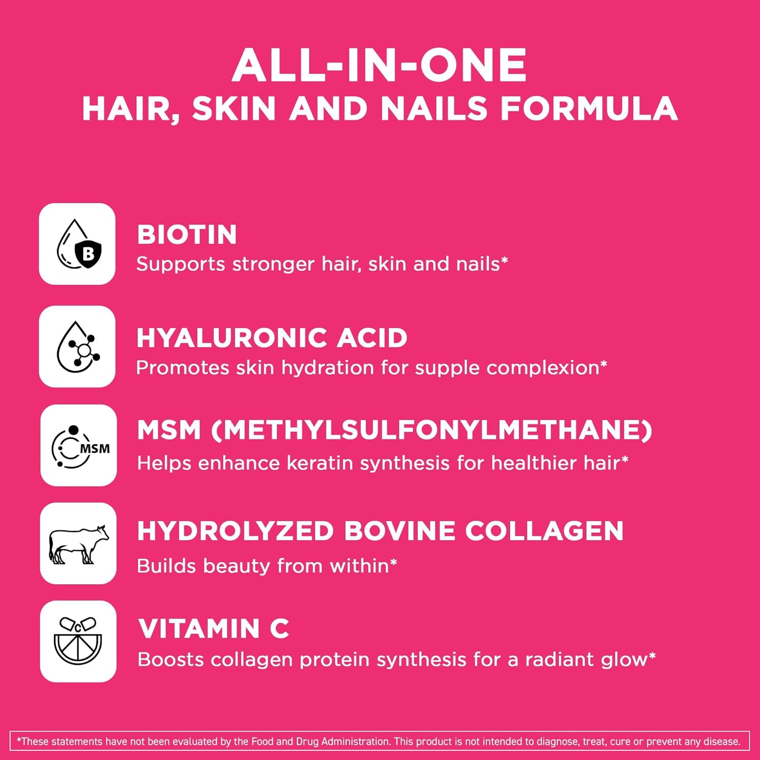 Vital Vitamins Biotin Complex Pills - with Hyaluronic Acid, MSM, Collagen, & Vitamin C - Supplement for Hair, Skin, & Nails - 60 Capsules