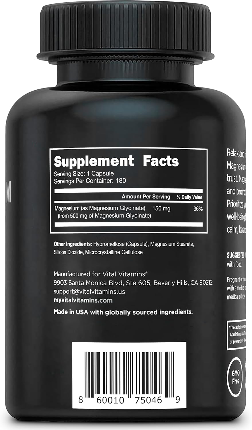 Vital Vitamins Magnesium Glycinate 500mg - High Absorption Formula - Promotes Relaxation, Calmness, & Restful Sleep - Pure Magnesium Supplement for Men & Women - 180 Capsules, Vegan, Non-GMO