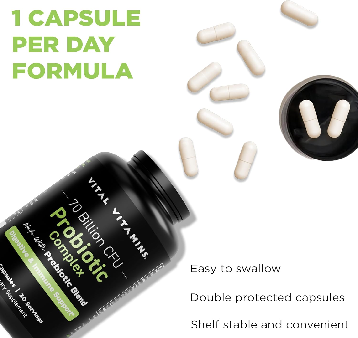 Vital Vitamins Probiotic Complex for Men & Women - 70 Billion CFU - Made with Prebiotic Blend - Digestive, Gut Health, & Immune Support - Powerful Blend of 10 Strains - 30 Capsules