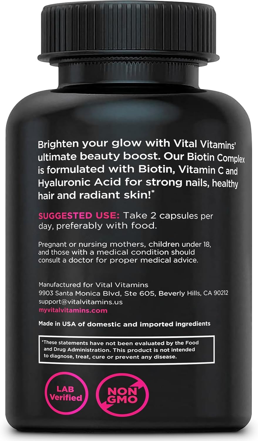 Vital Vitamins Biotin Complex Pills - with Hyaluronic Acid, MSM, Collagen, & Vitamin C - Supplement for Hair, Skin, & Nails - 60 Capsules