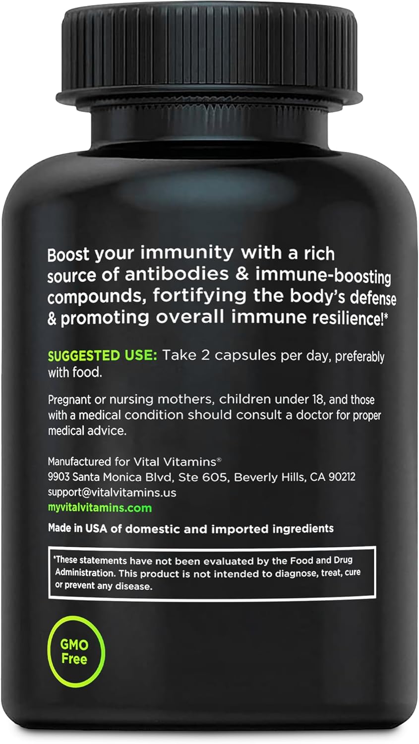 Vital Vitamins Colostrum Supplement - Vitamin C, Zinc, & Selenium - from First Milking - Standardized to Contain 10% IgG Immunoglobulins - Grass-Fed American Cows - 60 Capsules