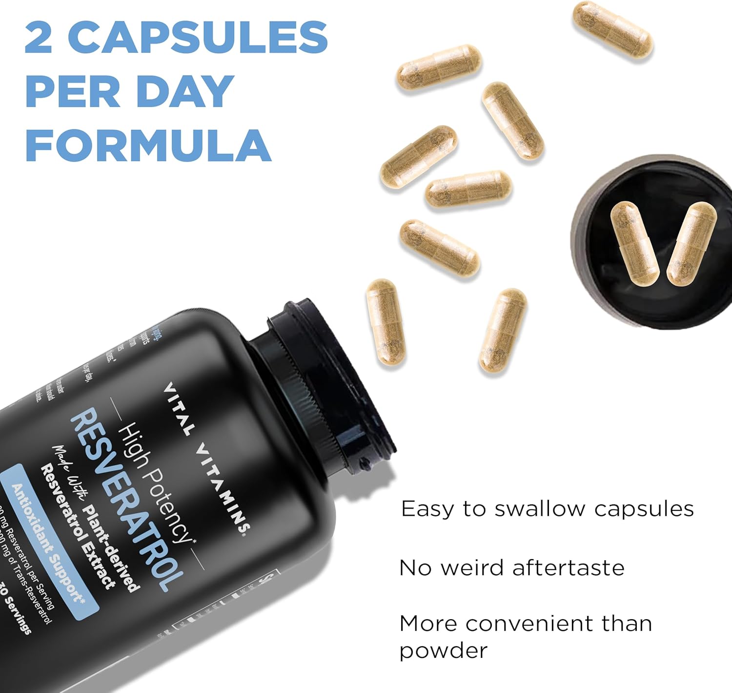 Vital Vitamins Resveratrol Supplement - Antioxidant Support, Cellular Longevity, Cognitive Function - 60 Capsules