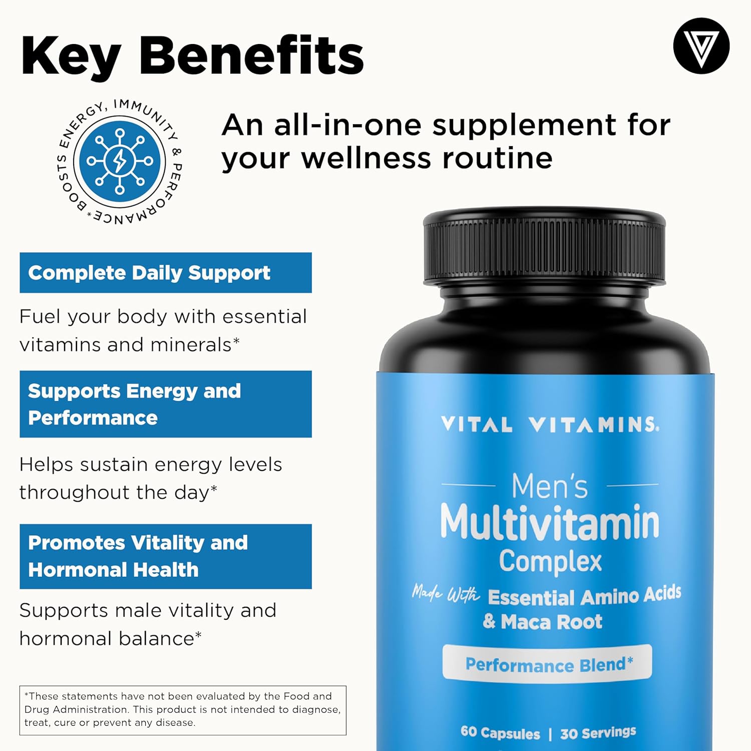 Vital Vitamins Men's Multivitamin Complex - Made with Essential Amino Acids & Maca Root - with Vitamin A, C, E, B6, B12, D3 & Male Performance Blend - Daily Mens Multivitamin - 60 Capsule