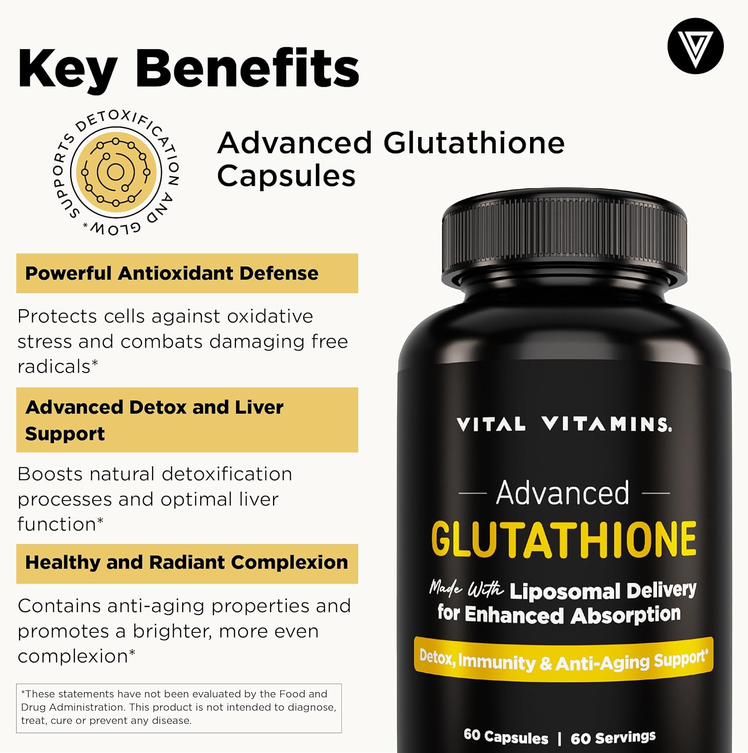 Vital Vitamins Glutathione Supplement - 500mg L-Glutathione per Serving - Made with Liposomal Delivery for Max Absorption - Detox, Immunity, Anti-Aging Support - Non-GMO - 60-Day Supply, 60 Capsules
