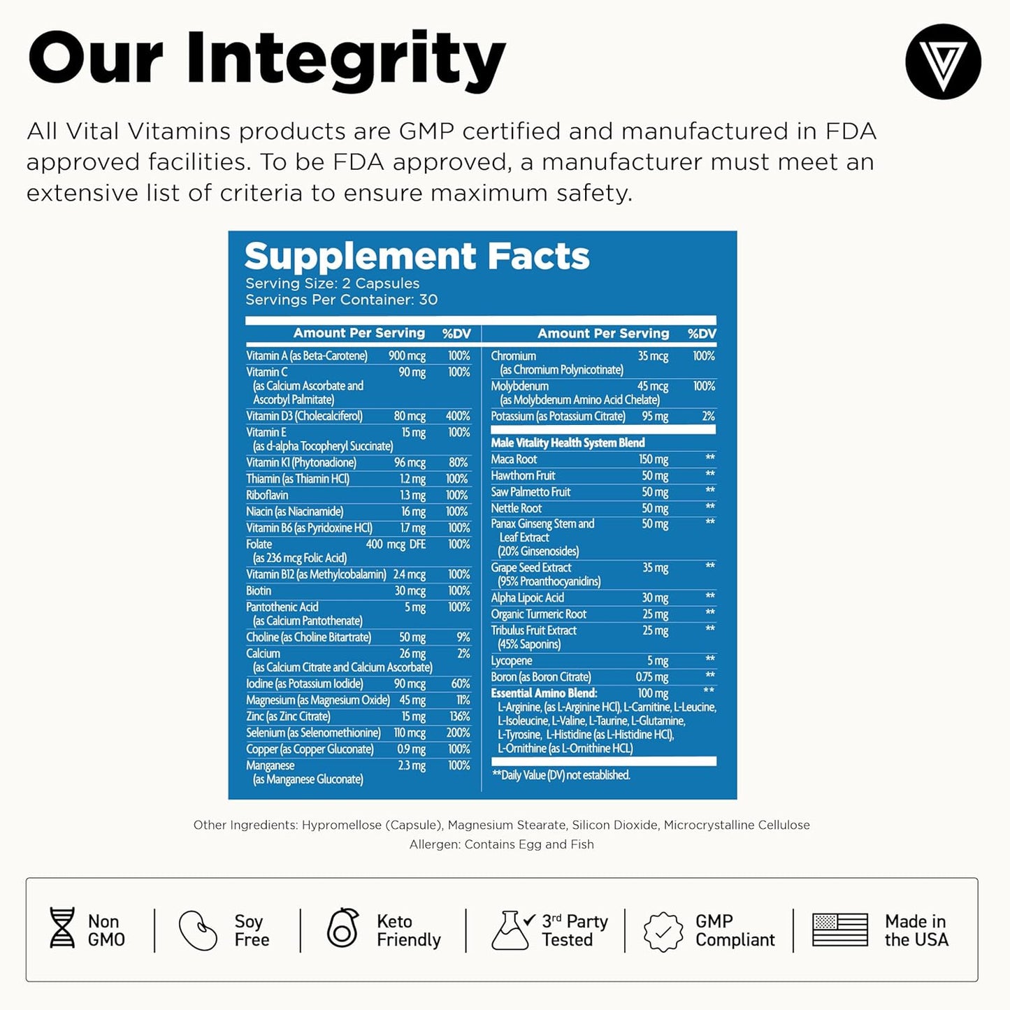 Vital Vitamins Men's Multivitamin Complex - Made with Essential Amino Acids & Maca Root - with Vitamin A, C, E, B6, B12, D3 & Male Performance Blend - Daily Mens Multivitamin - 60 Capsule