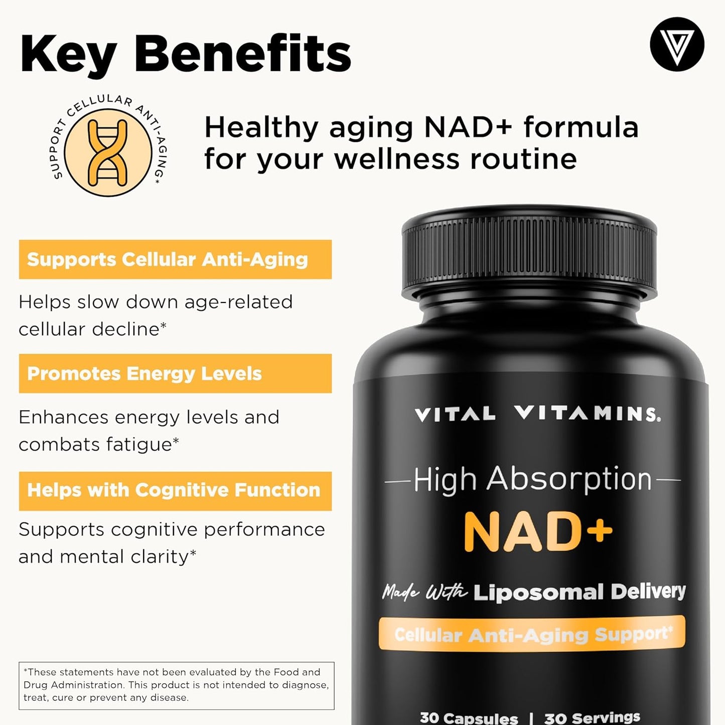Vital Vitamins NAD Supplement - NAD+ (Nicotinamide Adenine Dinucleotide) for Men & Women - Made with Liposomal Delivery - Cellular Anti-Aging Support, Energy, Focus - 30-Day Supply