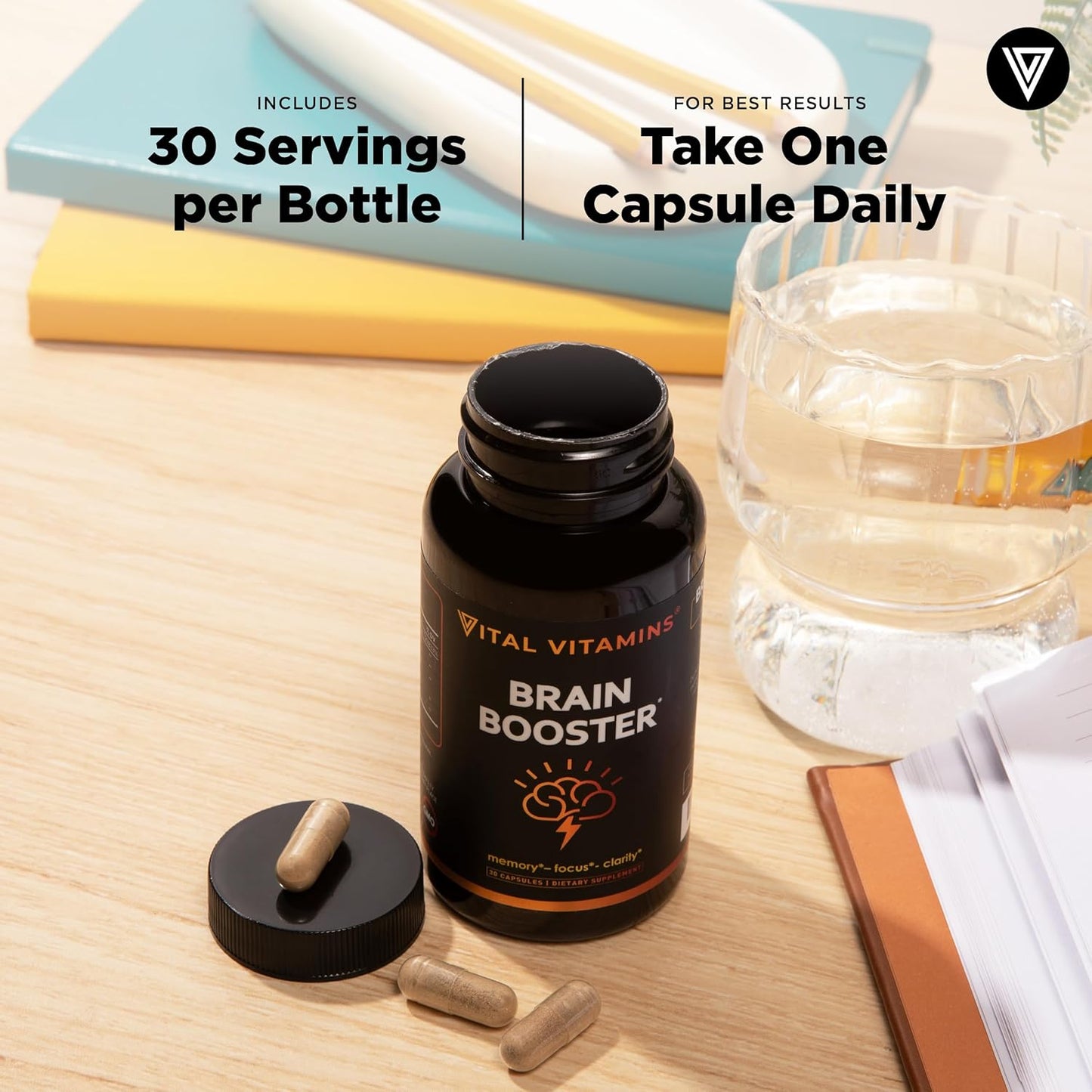 Vital Vitamins Brain Supplements with Bacopa Monnieri - for Memory and Focus – Nootropic Brain Booster - Caffeine-Free Support for Adults & Seniors – Non-GMO, 30-Day Supply, 30 Capsules