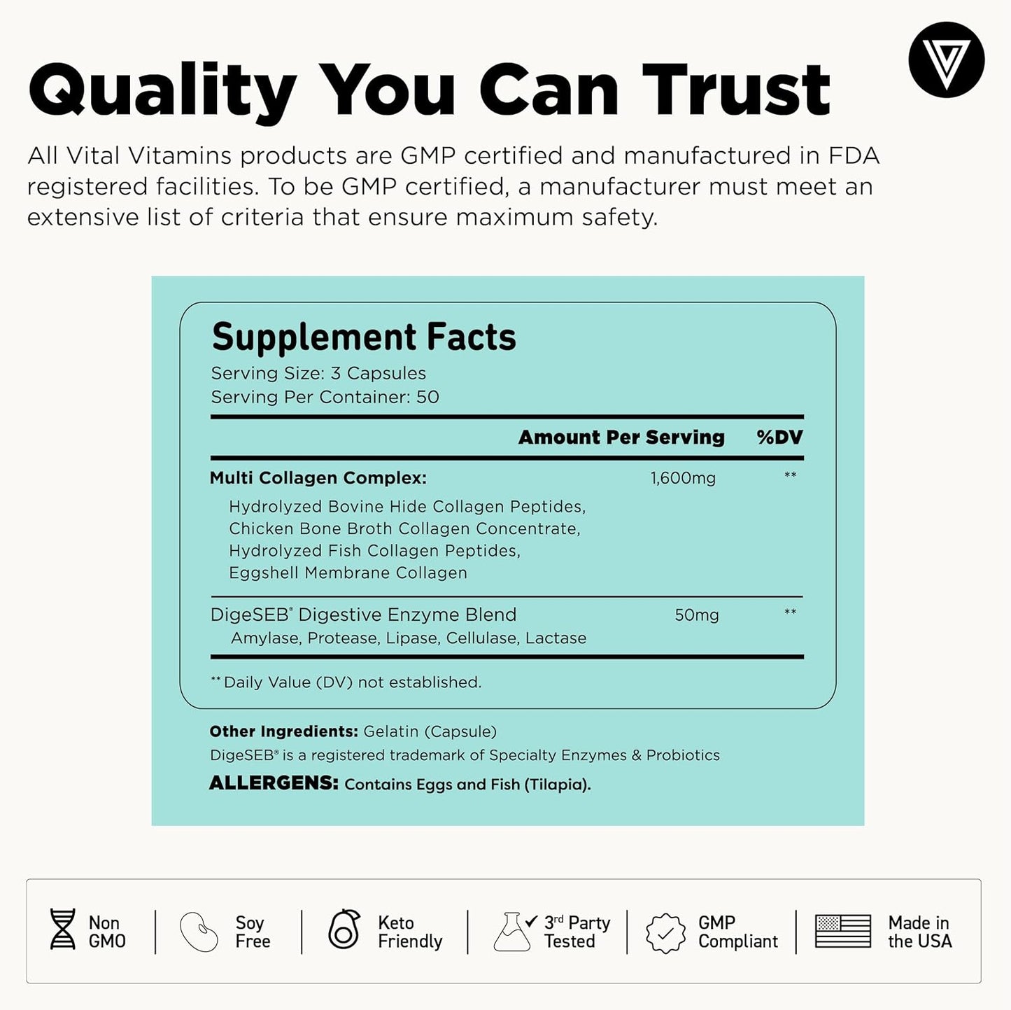 Vital Vitamins Multi Collagen for Women & Men - Type I, II, III, V, X - Grass Fed, Non-GMO - 150 Capsules