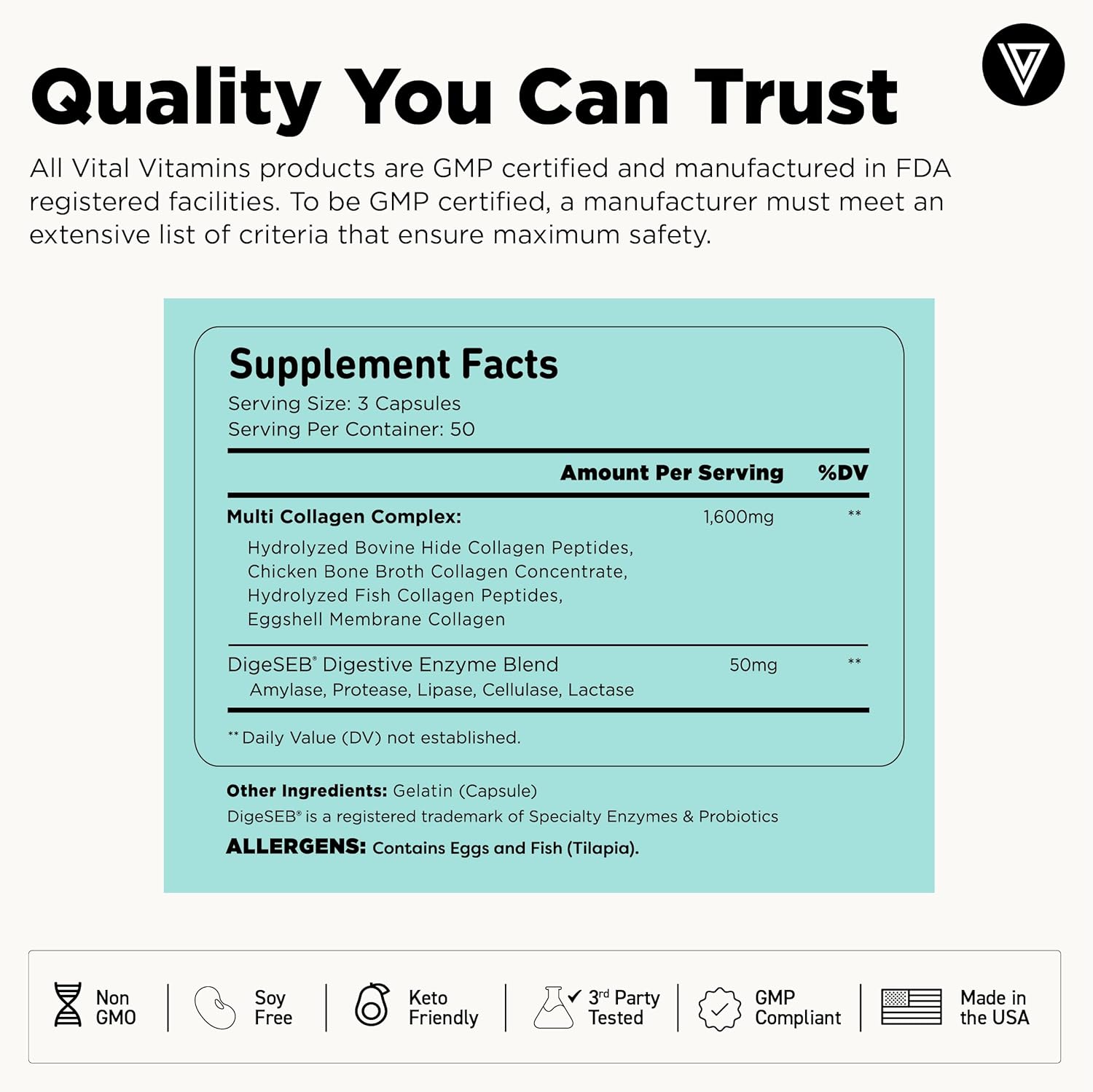 Vital Vitamins Multi Collagen for Women & Men - Type I, II, III, V, X - Grass Fed, Non-GMO - 150 Capsules