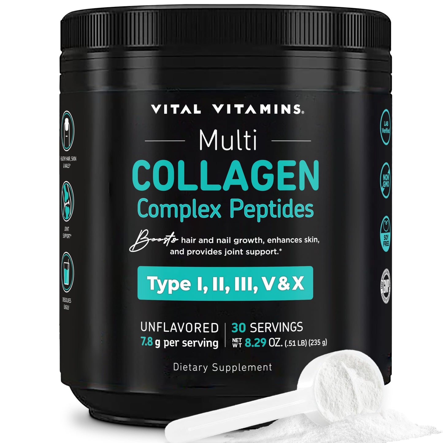 Vital Vitamins Multi Collagen for Women & Men - Type I, II, III, V, X - Grass Fed, Non-GMO - 150 Capsules