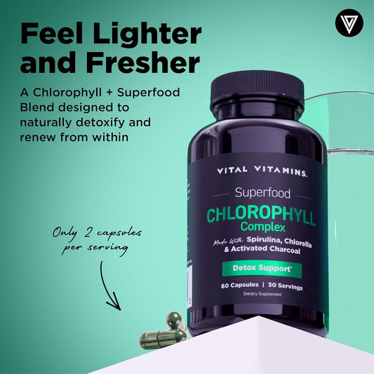 Vital Vitamins Chlorophyll Pills - Body Deodorizing Supplement - Made with Spirulina, Chlorella, Organic Parsley, Mint, & Activated Charcoal - Defeat Odor Naturally - for Women & Men - 60 Capsules