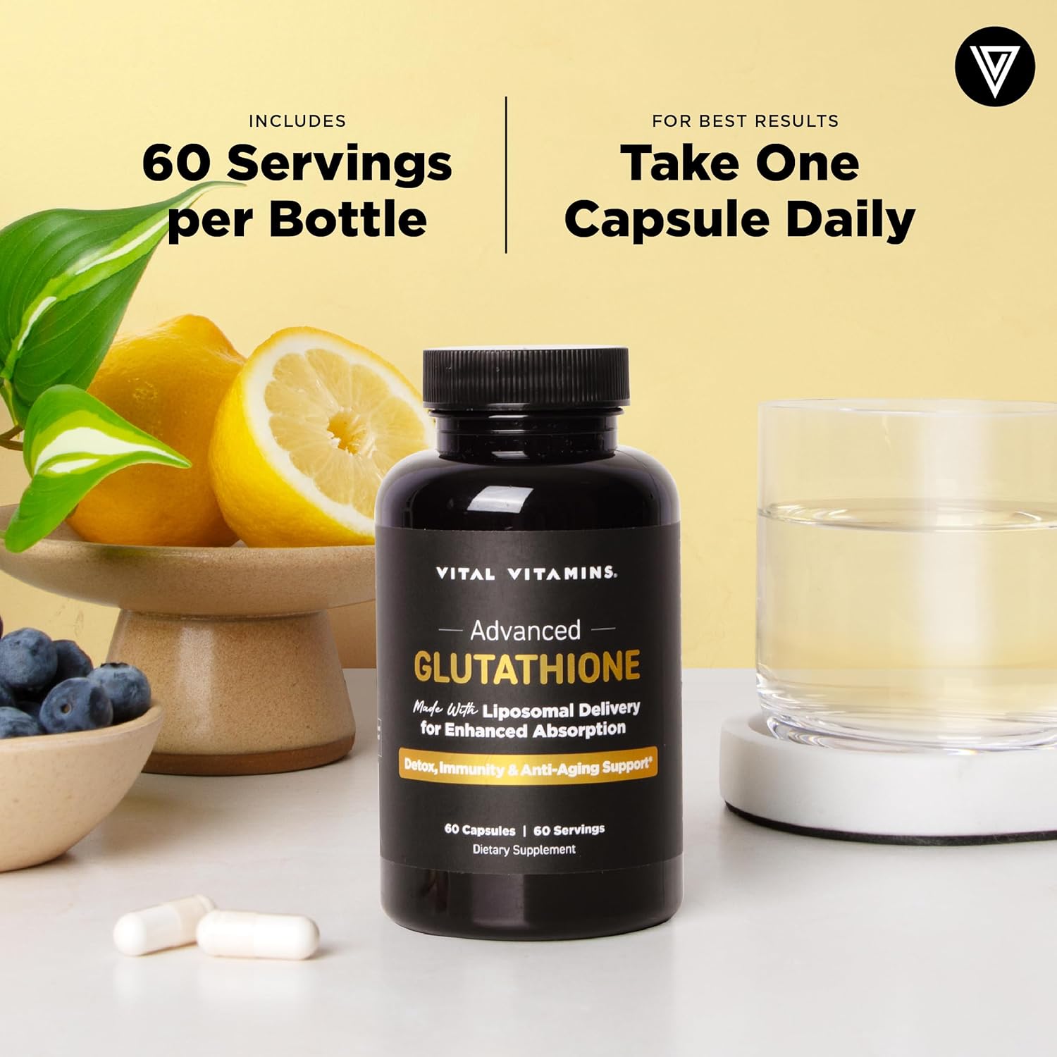 Vital Vitamins Glutathione Supplement - 500mg L-Glutathione per Serving - Made with Liposomal Delivery for Max Absorption - Detox, Immunity, Anti-Aging Support - Non-GMO - 60-Day Supply, 60 Capsules